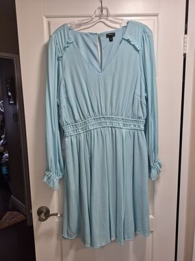 Torrid Light Blue Long Sleeve V-Neck Smocked-Waist Dress